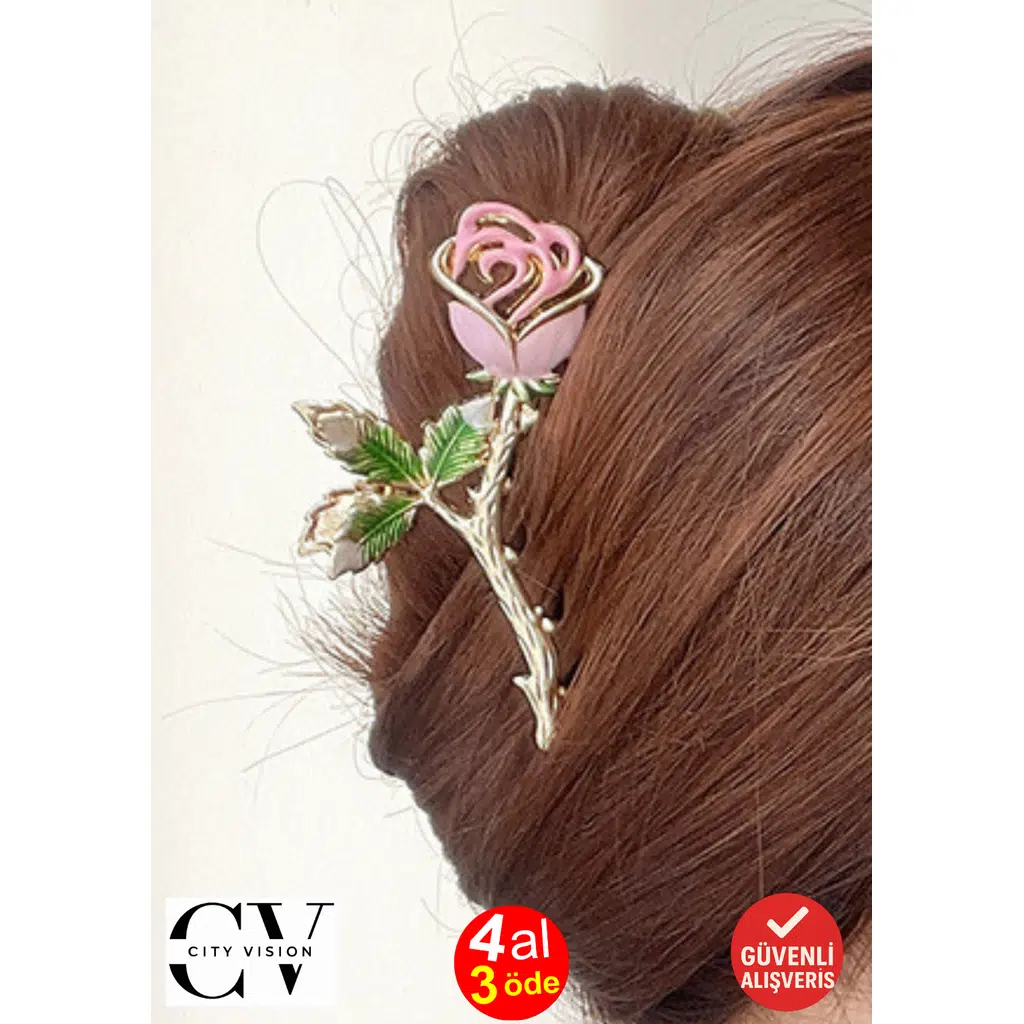 Pembe Gül Model Saç Tokası – Zarif Çiçekli Metal Mandal Toka 11 cm