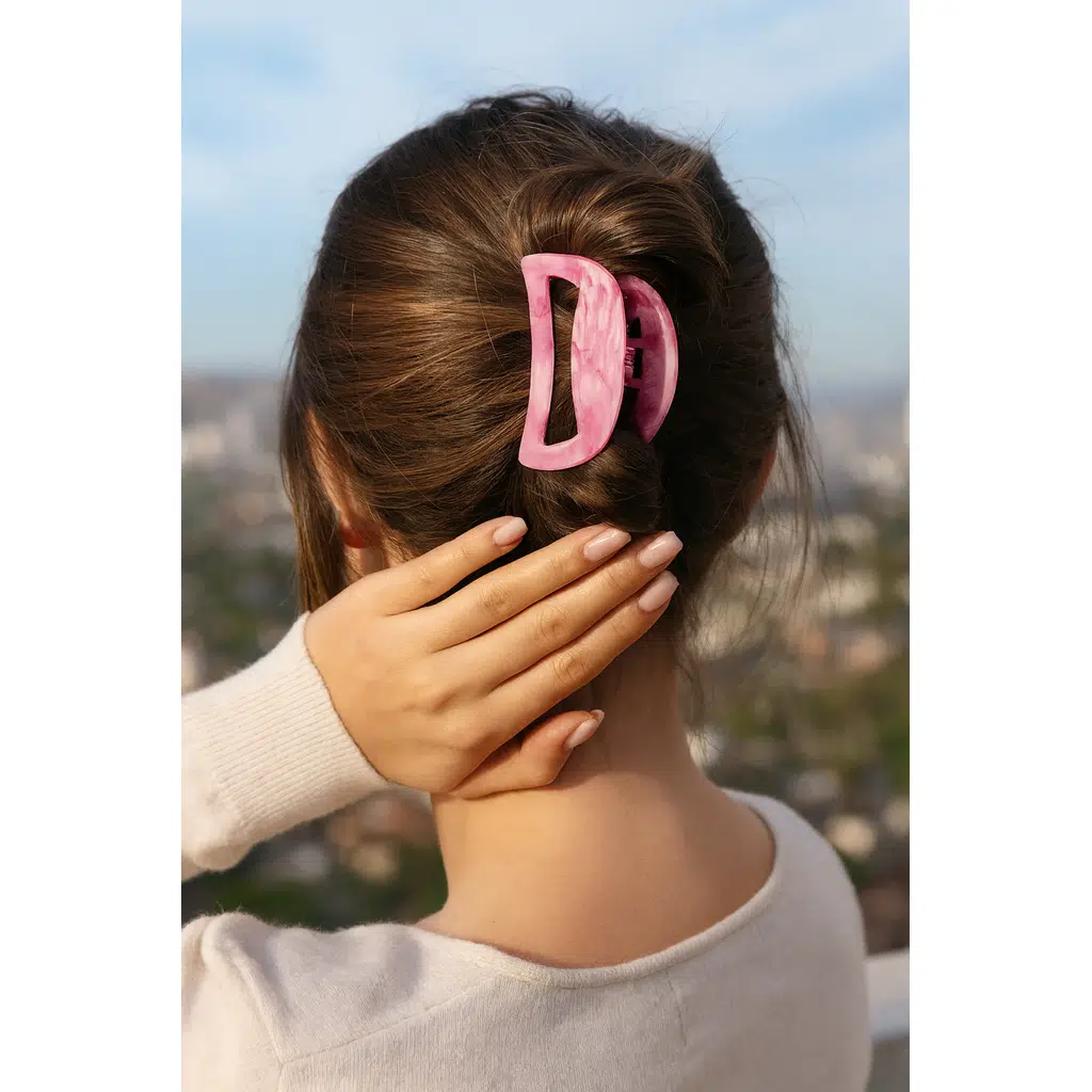 Pembe Mermer Desenli Şık Kemik Mandal Toka 8 cm 