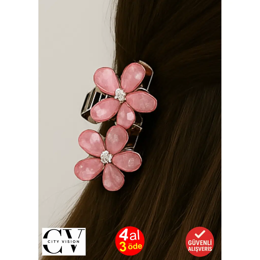 Pembe Taşlı Çiçek Gümüş Detaylı Metal Mandal Toka 4 cm 