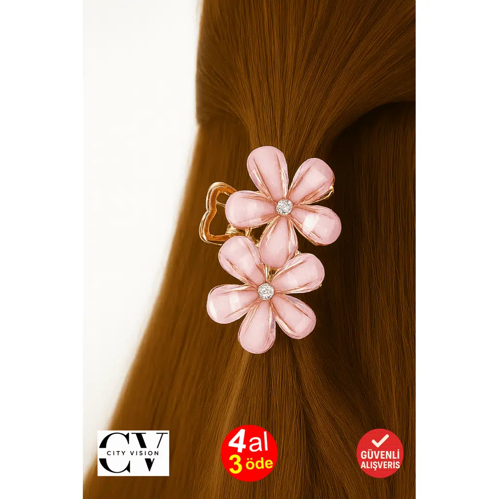 Pembe Taşlı Çiçek Metal Mandal Toka 4 cm 