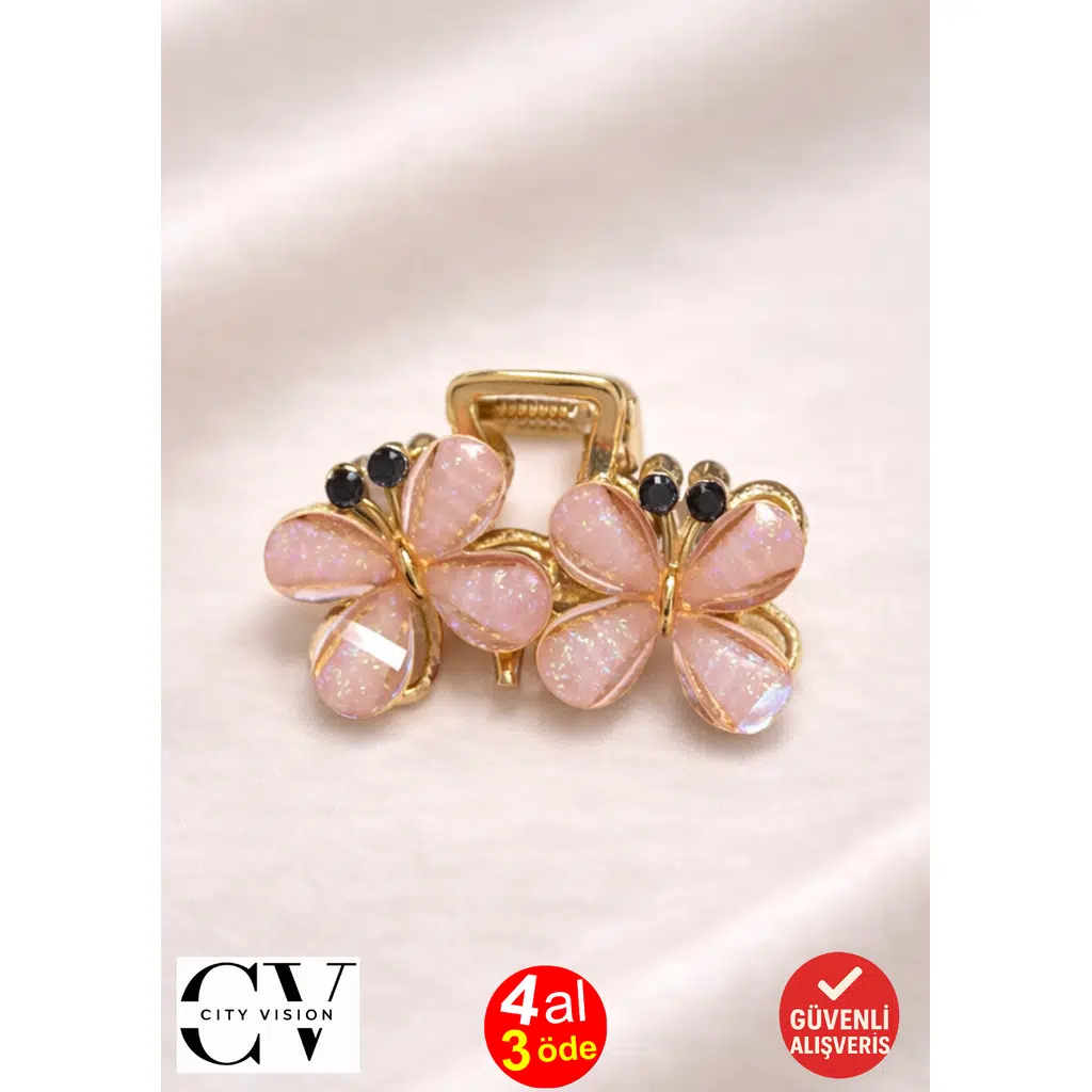 Pudra Pembe İnci Görünümlü Kelebek Formlu Gold Kadın Saç Tokası – Zarif Taş Detaylı Metal Mandal Toka 4 cm