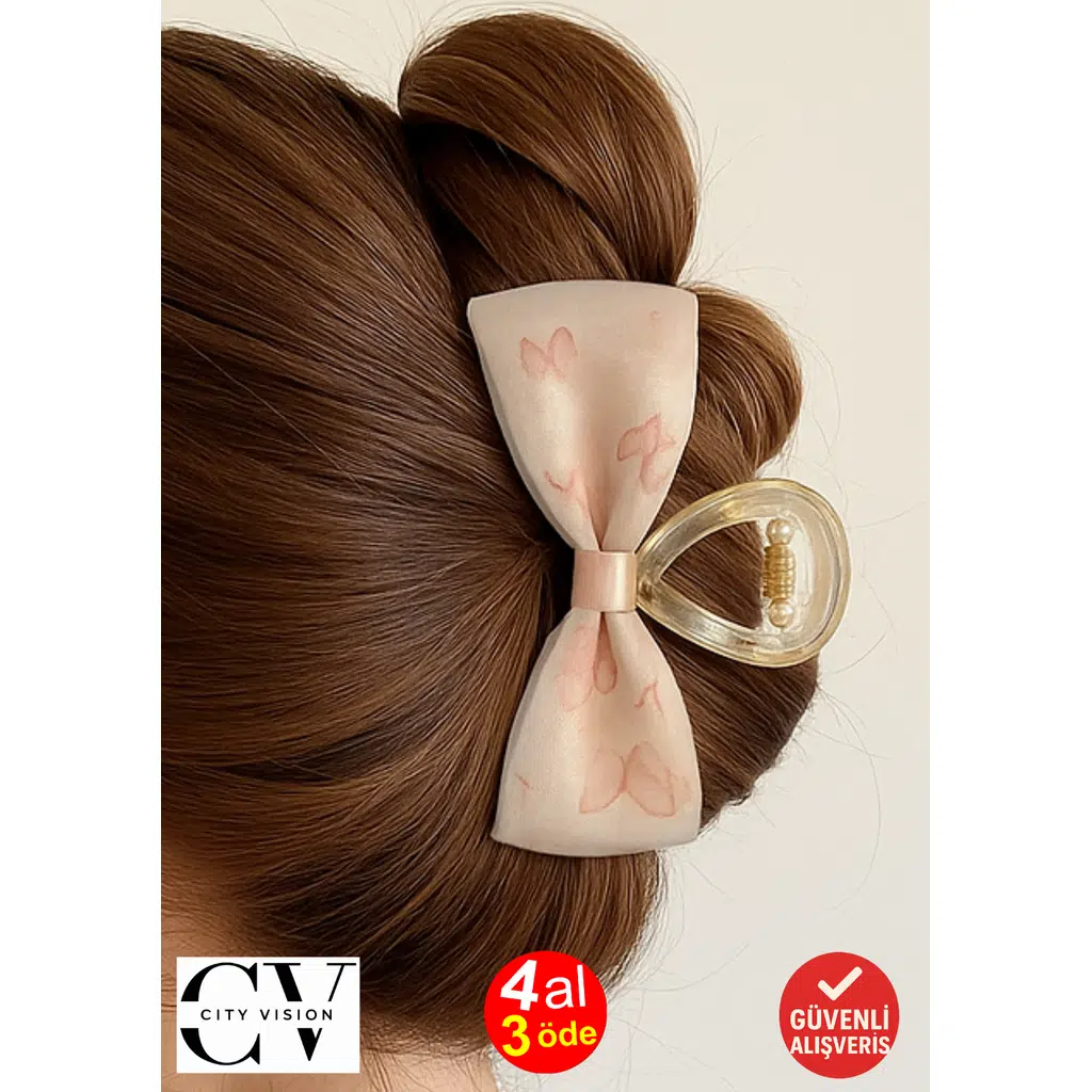 Pudra Pembe Kelebek Desenli Fiyonk Model Şeffaf Mandal Saç Tokası 11 cm – Şık ve Zarif Tasarım