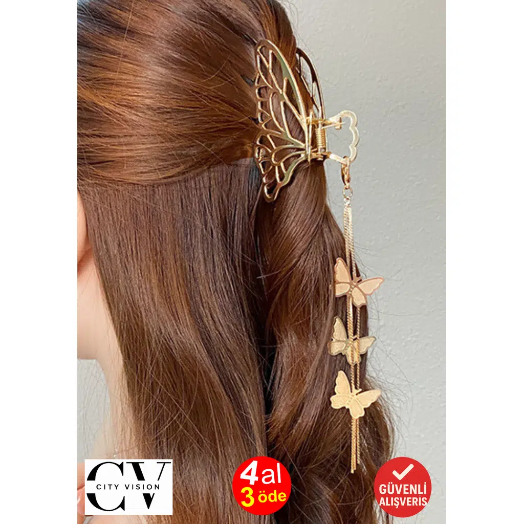 Sallantılı Kelebek Figürlü Metal Mandal Saç Tokası Altın Renk 7 cm – Zarif ve Işıltılı Tasarım