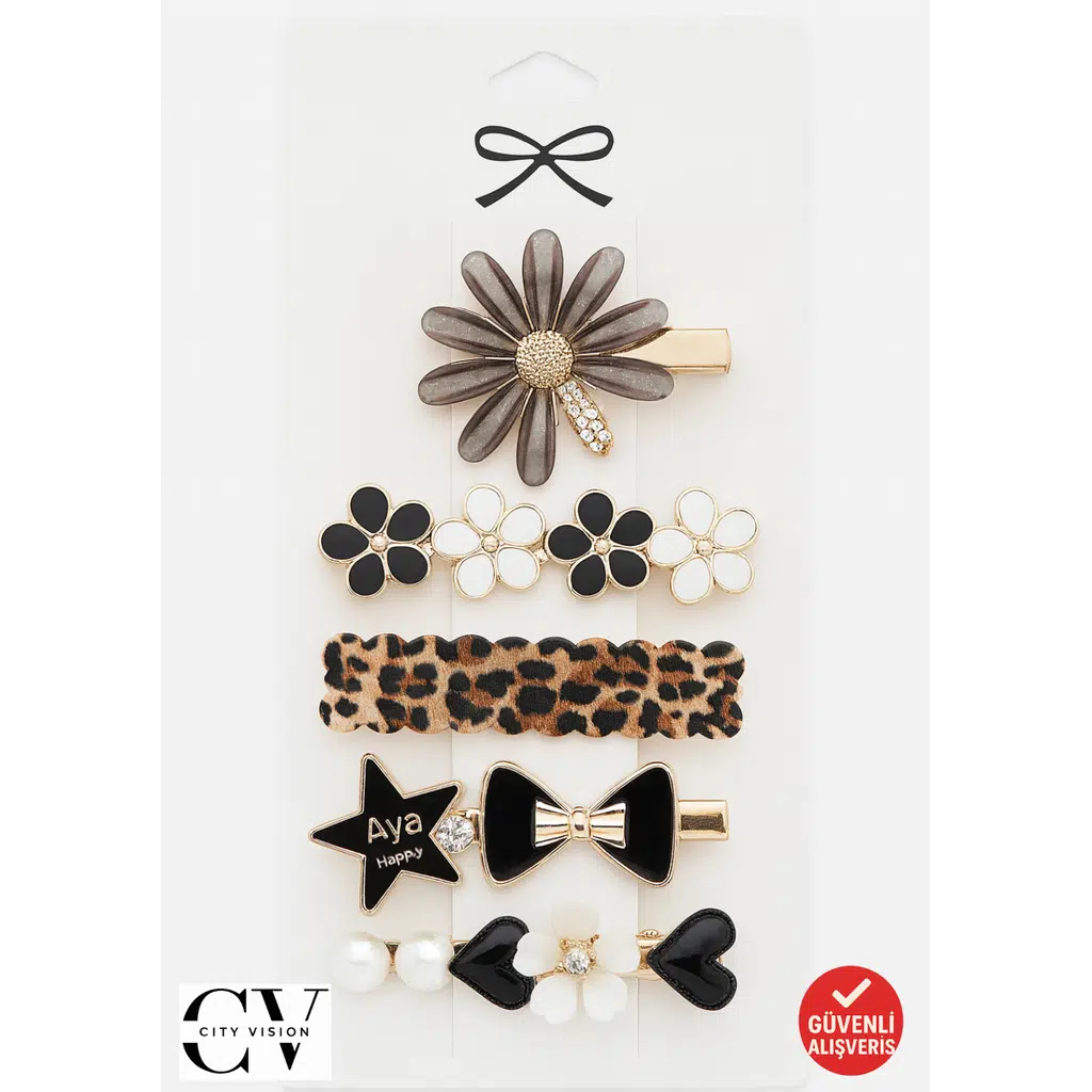Şık Tasarımlı 5’li 6 cm Saç Tokası Seti – Çiçek, Fiyonk, Leopar ve İnci Detaylı