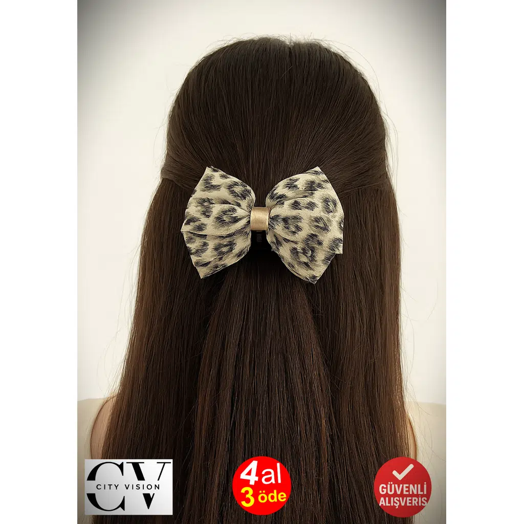 Simli Leopar Desenli Krem Renk Fiyonk Mandal Toka 11 cm