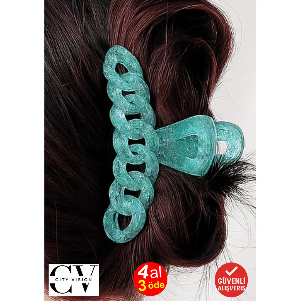 Simli Su Yeşili Renk Zincir Model Mandal Toka 11 cm - Şık ve Dayanıklı