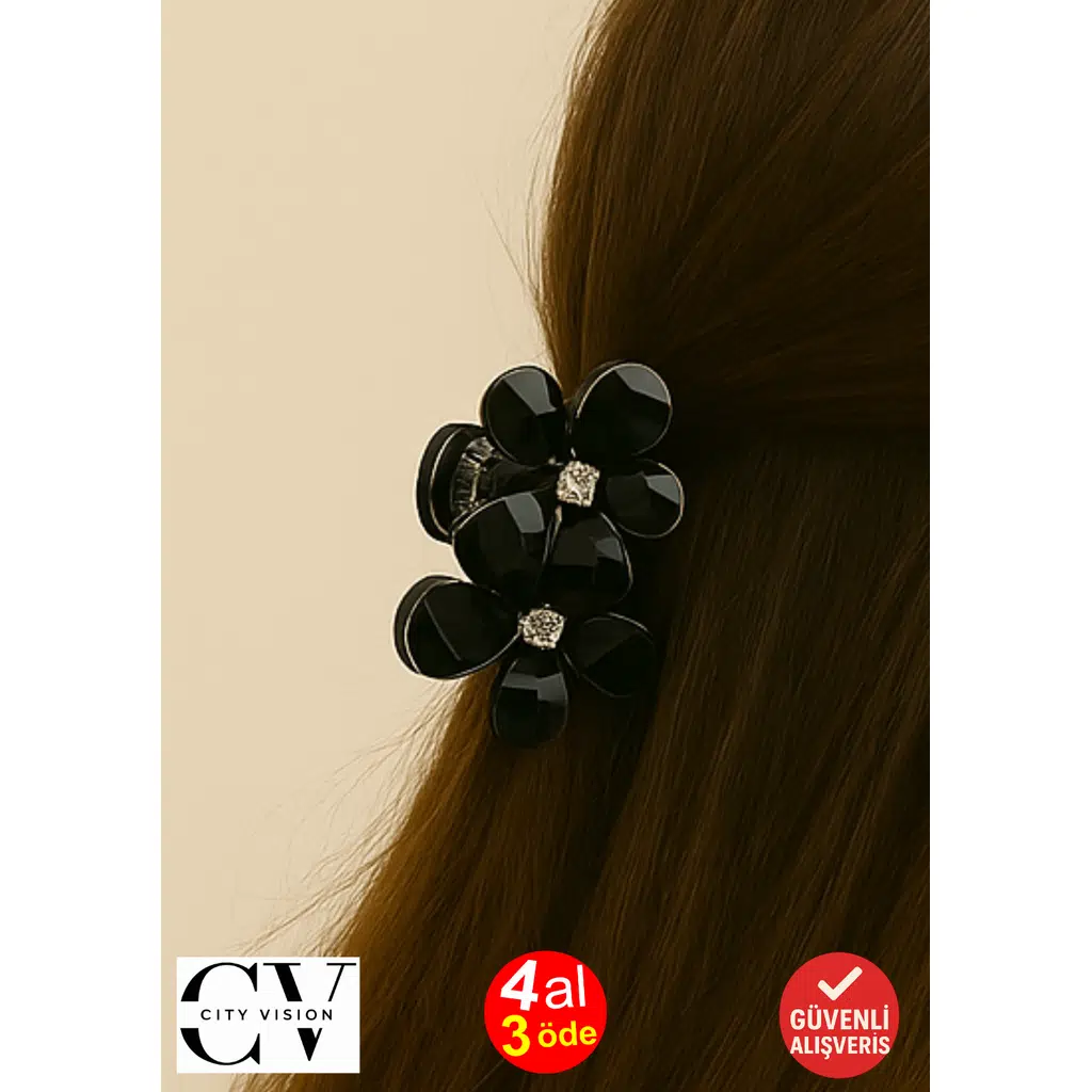 Siyah Taşlı Çiçek Gümüş Detaylı Metal Mandal Toka 4 cm 