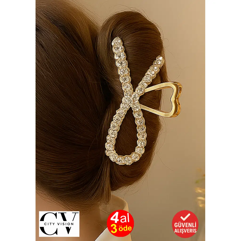 Taş Detaylı Gold Fiyonk Formlu 11 cm Saç Tokası – Zarif ve Işıltılı Tasarım