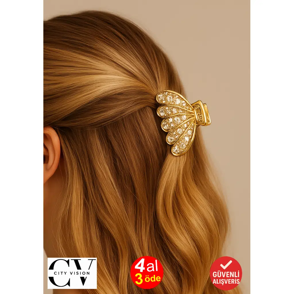 Taş Detaylı Kabuk Formlu Metal Mandal Saç Tokası 4 cm – Zarif ve Işıltılı Görünüm