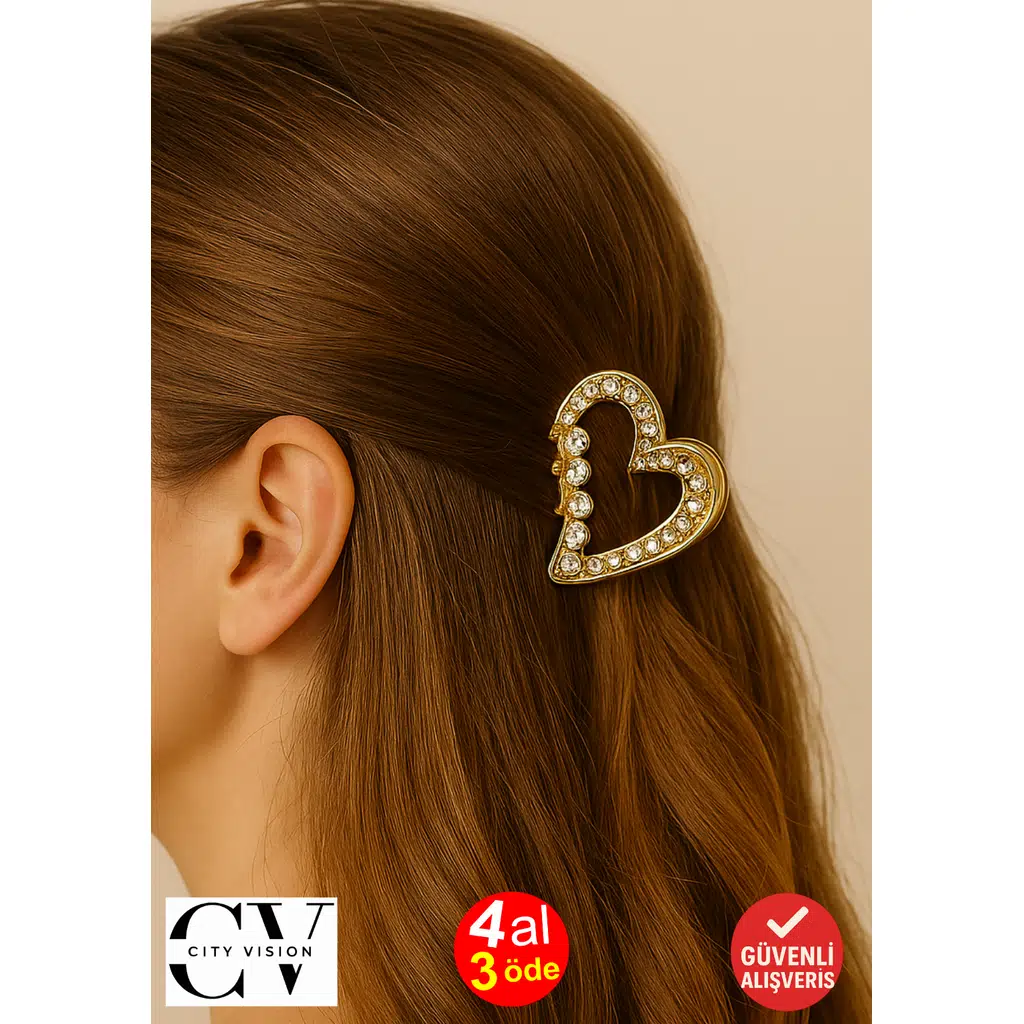 Taş Detaylı Kalp Formlu Metal Mandal Saç Tokası 4 cm – Zarif ve Işıltılı Tasarım