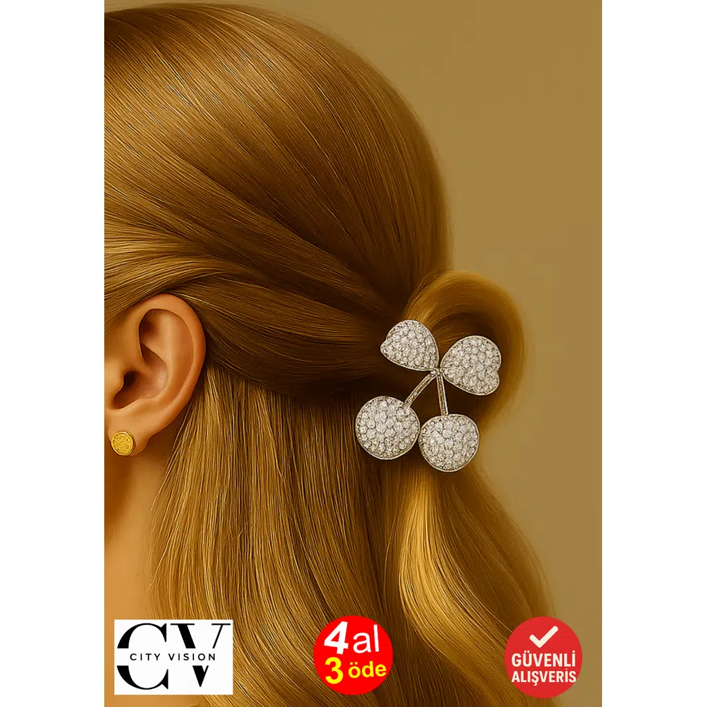 Taş Detaylı Kiraz Tasarımlı Metal Mandal Saç Tokası Beyaz Renk 4 cm – Işıltılı ve Zarif Aksesuar