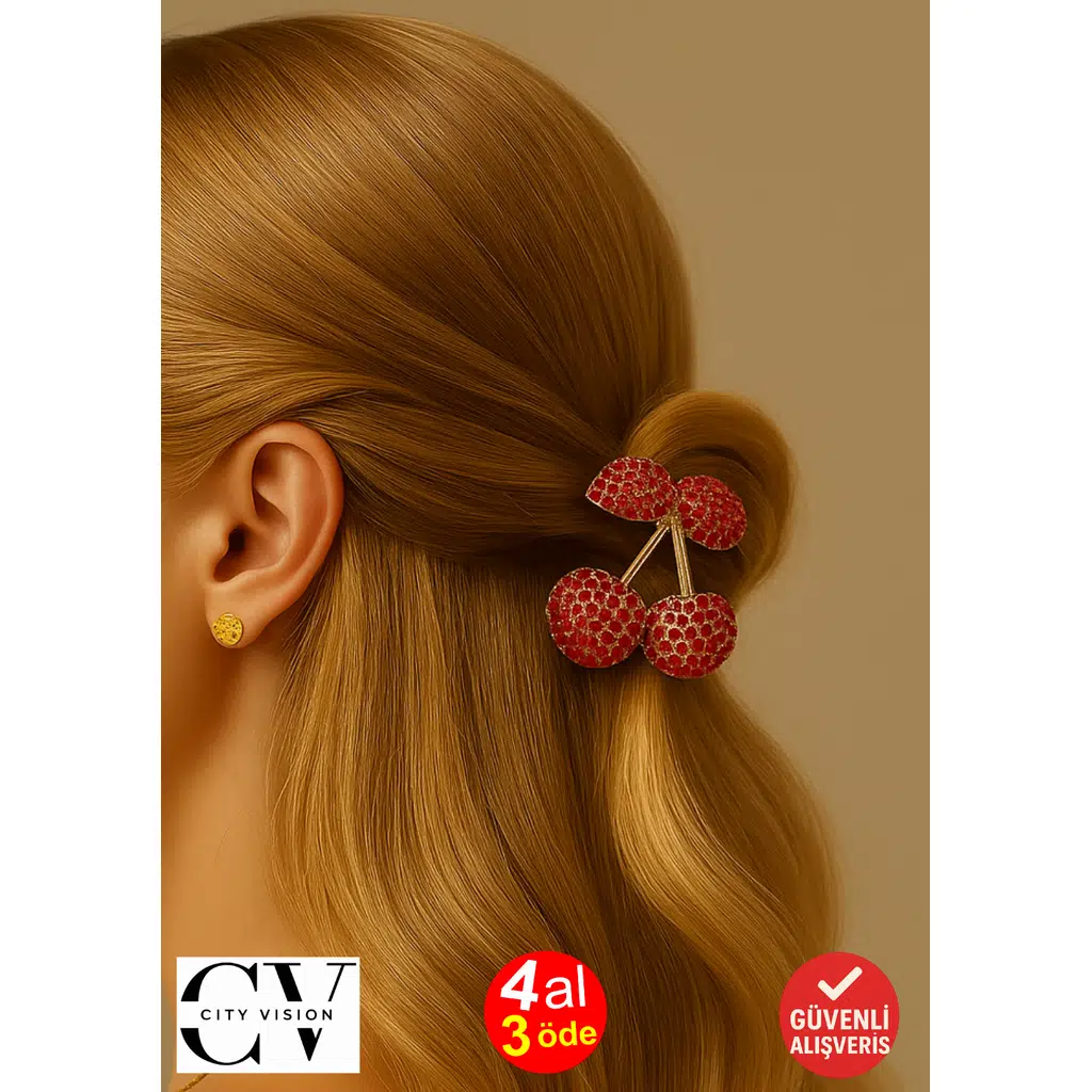 Taş Detaylı Kiraz Tasarımlı Metal Mandal Saç Tokası Kırmızı Renk 4 cm – Işıltılı ve Zarif Aksesuar