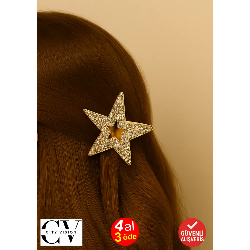 Taş Detaylı Yıldız Formlu 5 cm Gold Saç Tokası – Işıltılı ve Şık Saç Aksesuarı