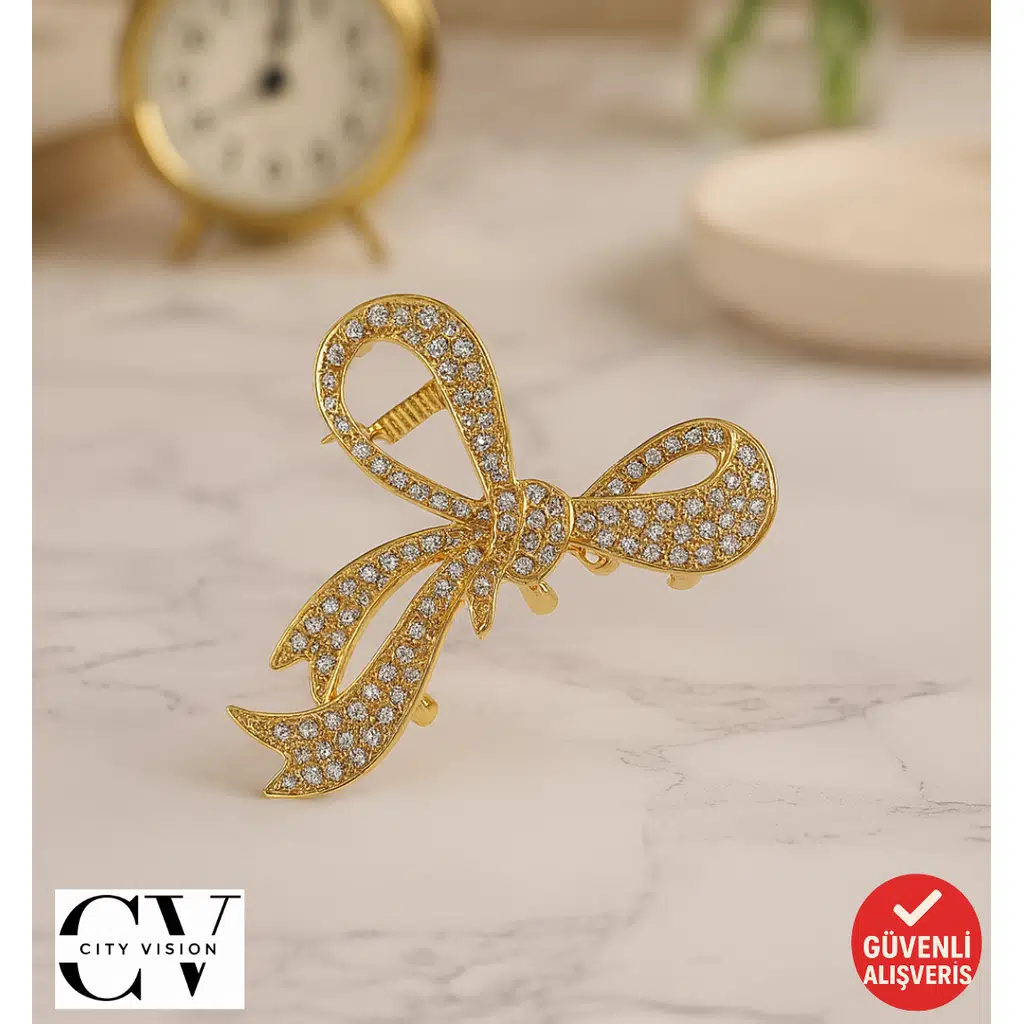 Taşlı Altın Renk Çift Taraflı Metal Mandal Saç Tokası 4 cm Küçük Boy