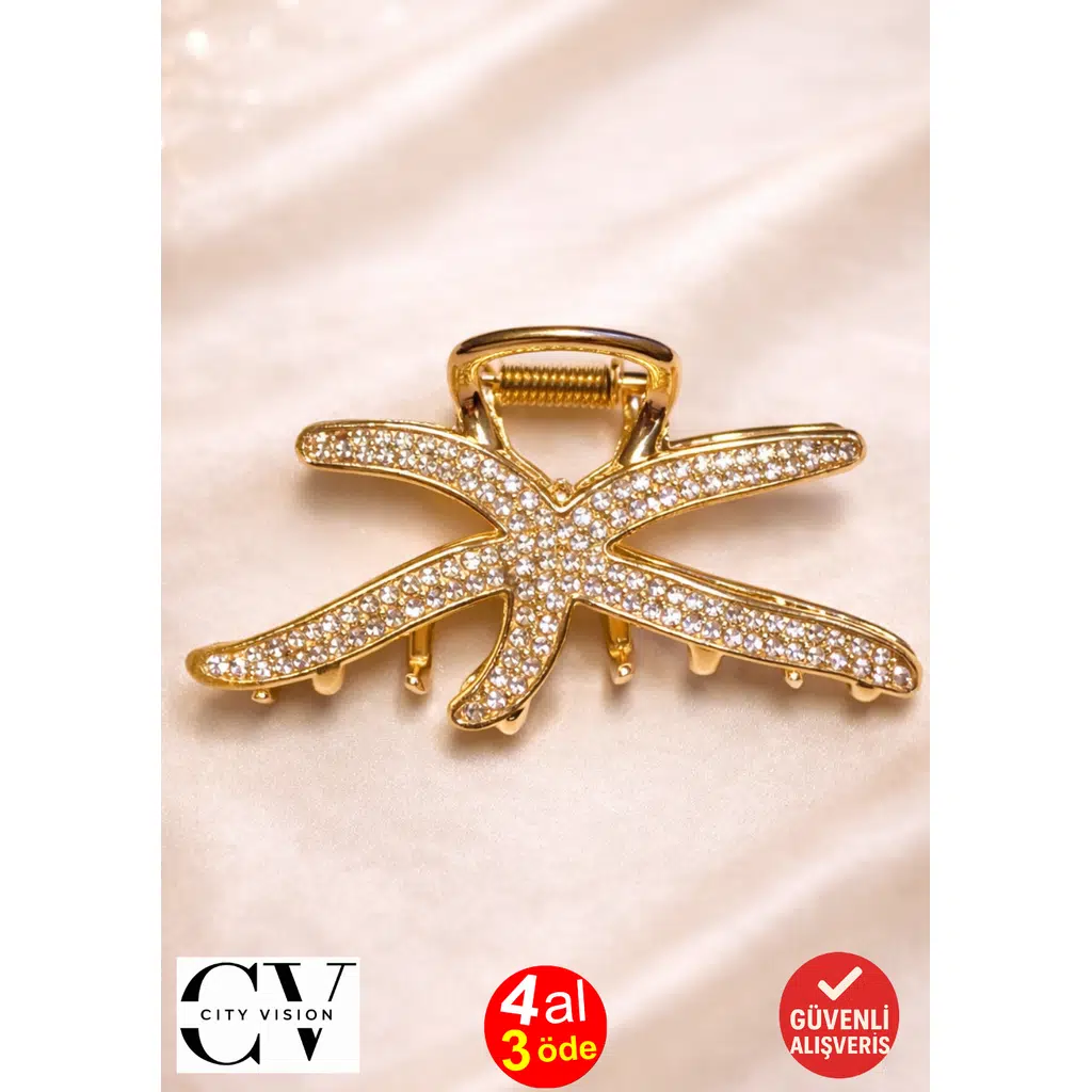 Taşlı Gold Denizyıldızı Model Metal Saç Tokası – Işıltılı ve Zarif Mandal Toka 7 cm