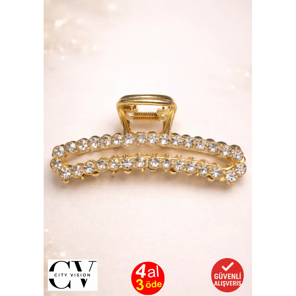 Taşlı Gold Metal Saç Tokası – Işıltılı ve Zarif Mandal Toka 7 cm