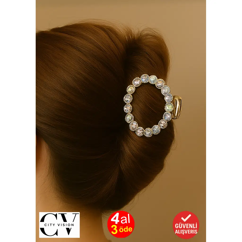 Taşlı Halka Formlu 6 cm Gold Saç Tokası – Zarif ve Işıltılı Saç Aksesuarı