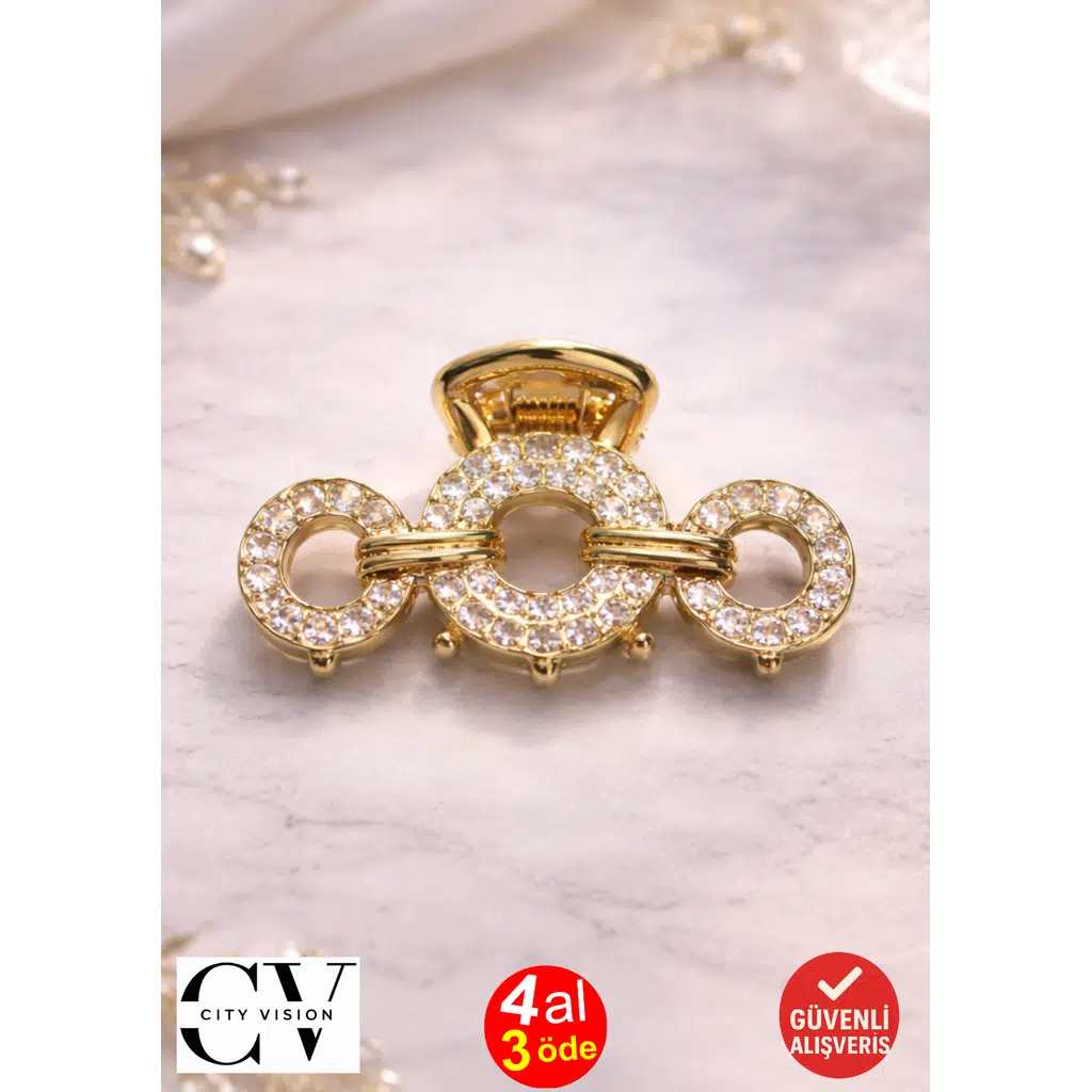 Taşlı Halka Model Gold Saç Tokası – Parlak ve Zarif Metal Mandal Toka 4 cm