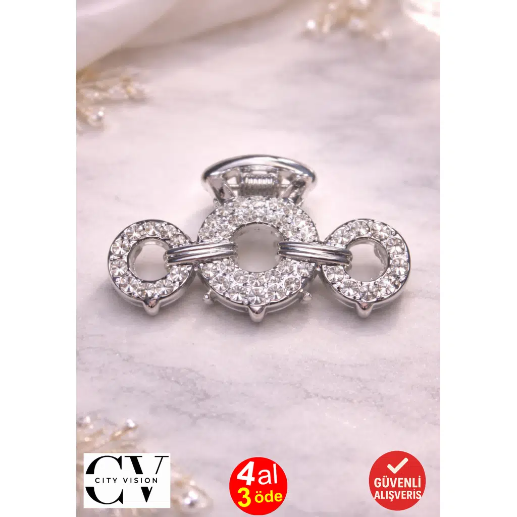 Taşlı Halka Model Gümüş Saç Tokası – Parlak ve Zarif Metal Mandal Toka 4 cm