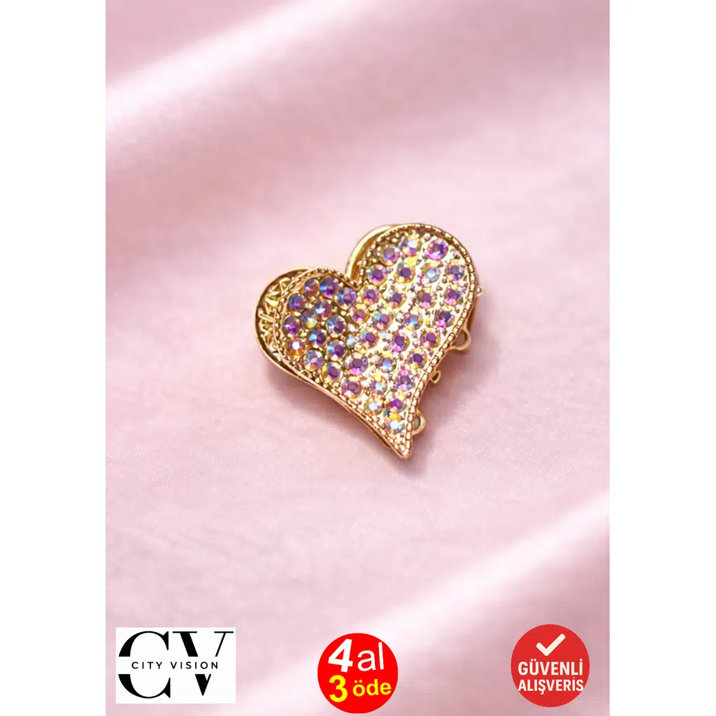 Taşlı Kalp Formlu Gold Mini Kadın Saç Tokası – Renkli Işıltılı Metal Mandal Toka 2 cm 