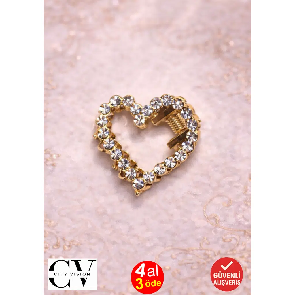 Taşlı Kalp Model Gold Mini Saç Tokası – Işıltılı ve Zarif Mandal Toka 2 cm