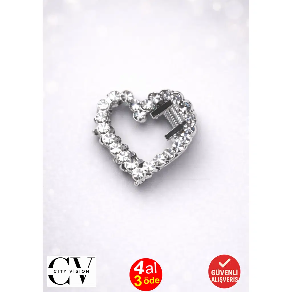 Taşlı Kalp Model Gümüş Mini Saç Tokası – Işıltılı ve Zarif Mandal Toka 2 cm