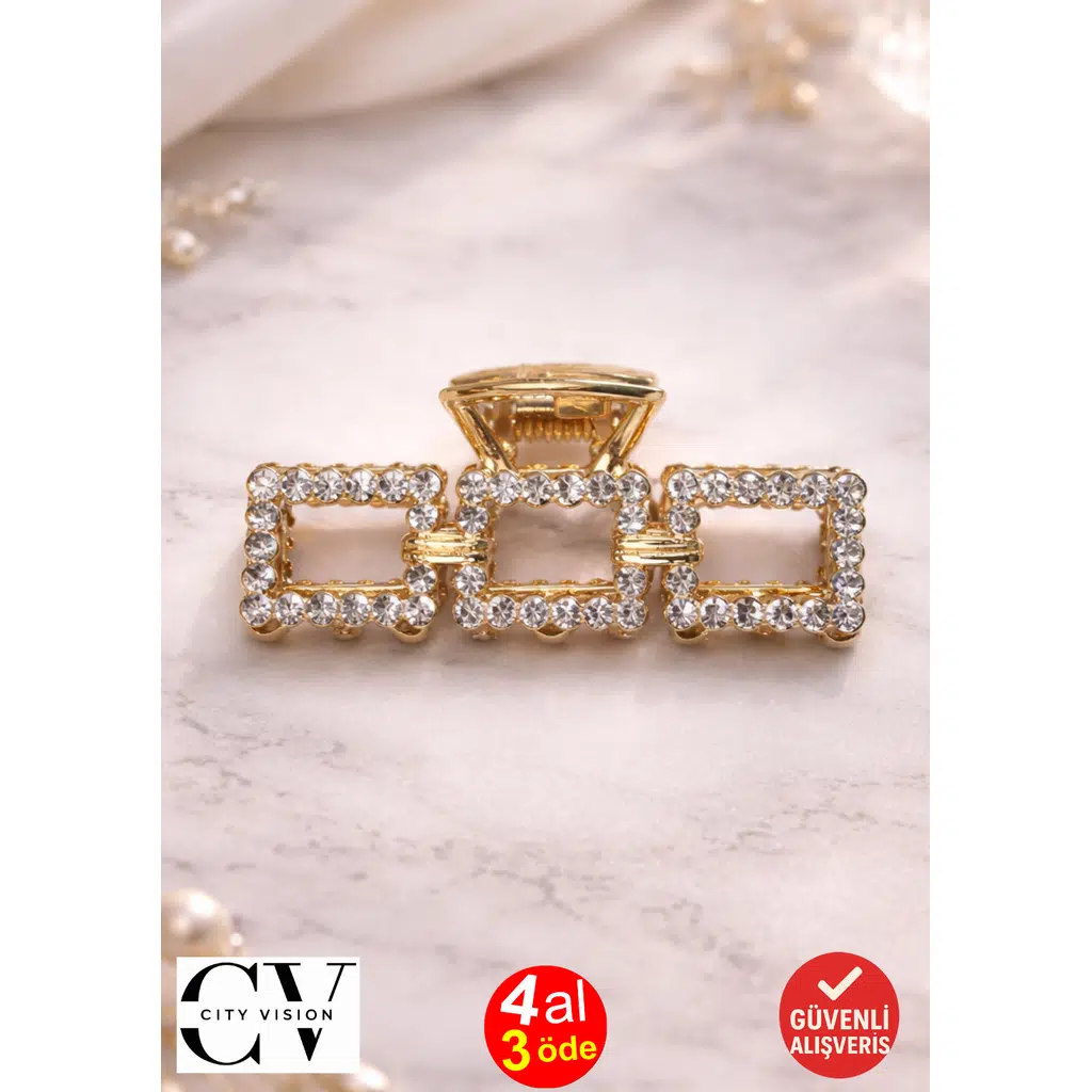 Taşlı Kare Model Gold Saç Tokası – Işıltılı Metal Mandal Toka 5 cm