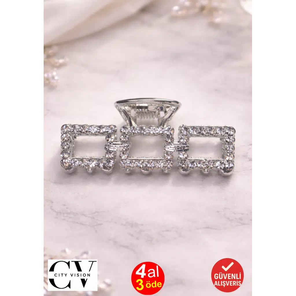 Taşlı Kare Model Gümüş Saç Tokası – Işıltılı Metal Mandal Toka 5 cm