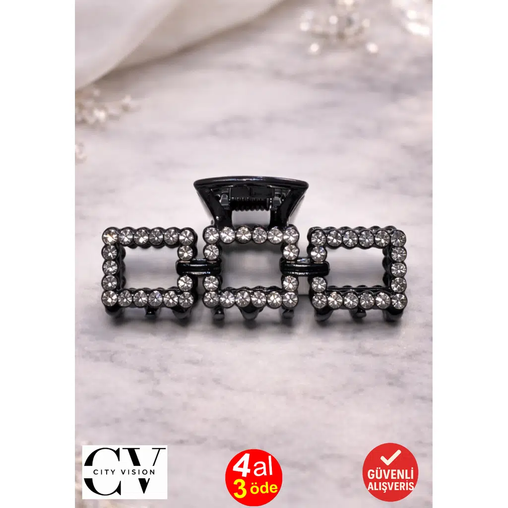 Taşlı Kare Model Siyah Saç Tokası – Işıltılı Metal Mandal Toka 5 cm