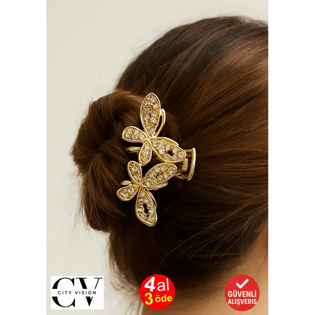 Taşlı Kelebek Tasarımlı Metal Mandal Saç Tokası Altın Renk 5 cm – Zarif ve Işıltılı Aksesuar