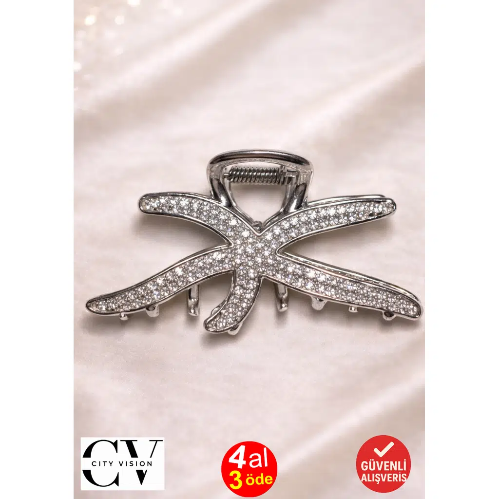 Taşlı Silver Denizyıldızı Model Metal Saç Tokası – Işıltılı ve Zarif Mandal Toka 7 cm