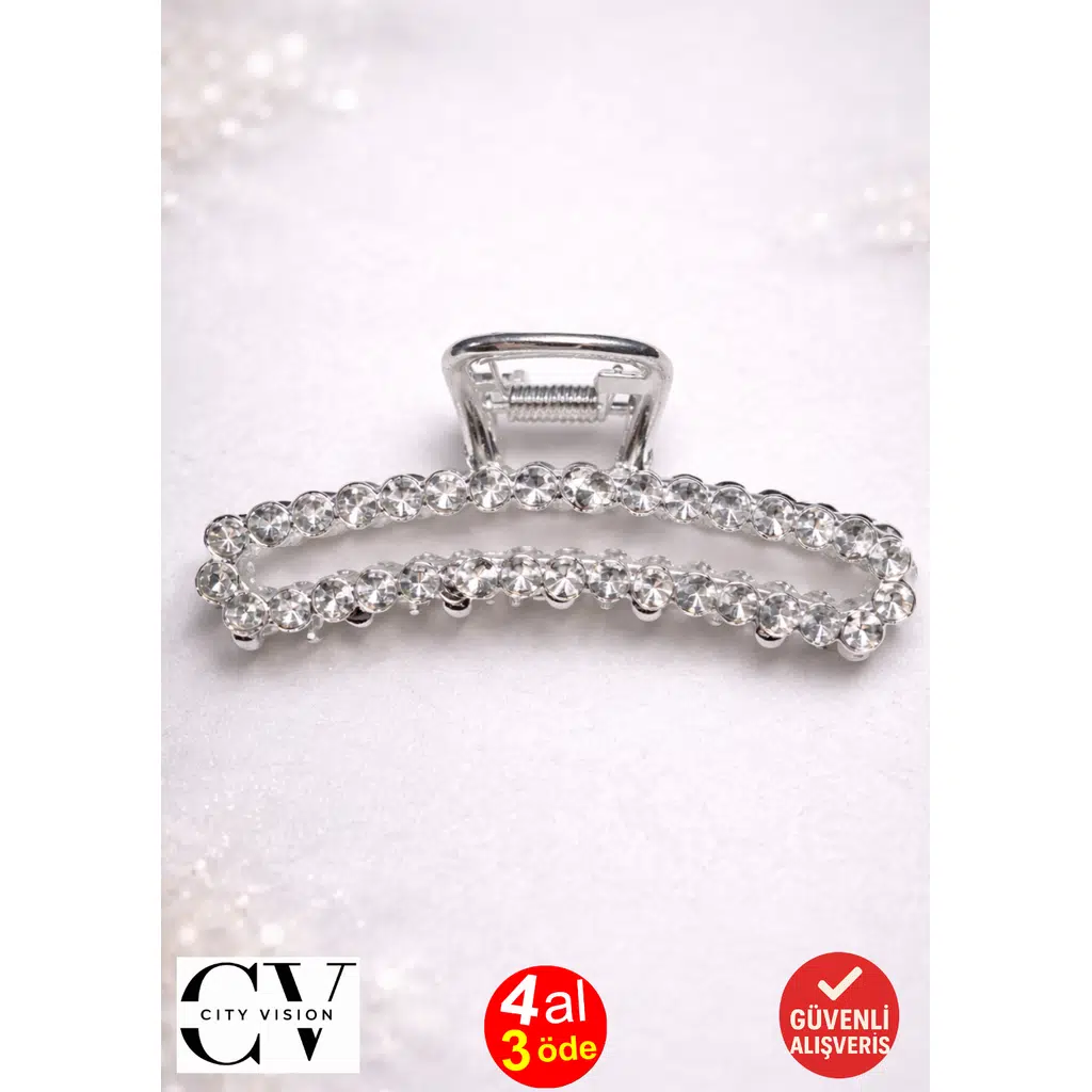 Taşlı Silver Metal Saç Tokası – Işıltılı ve Zarif Mandal Toka 7 cm
