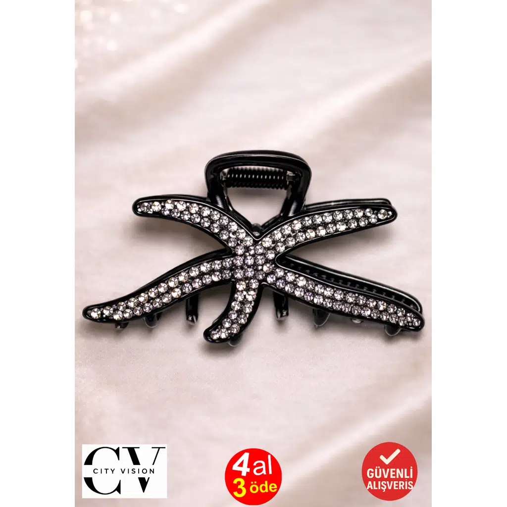 Taşlı Siyah Denizyıldızı Model Metal Saç Tokası – Işıltılı ve Zarif Mandal Toka 7 cm