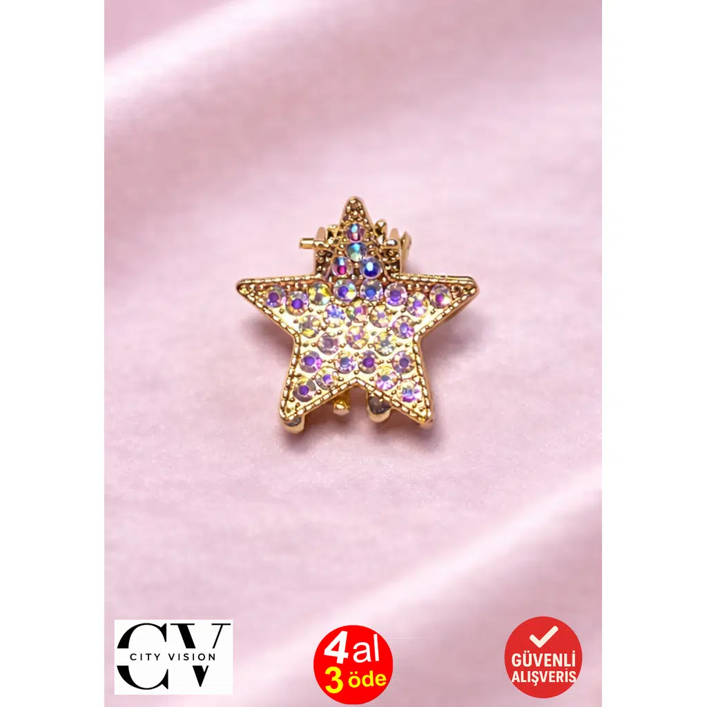 Taşlı Yıldız Formlu Gold Mini Kadın Saç Tokası – Parlak Renkli Taşlı Metal Mandal Toka 2 cm