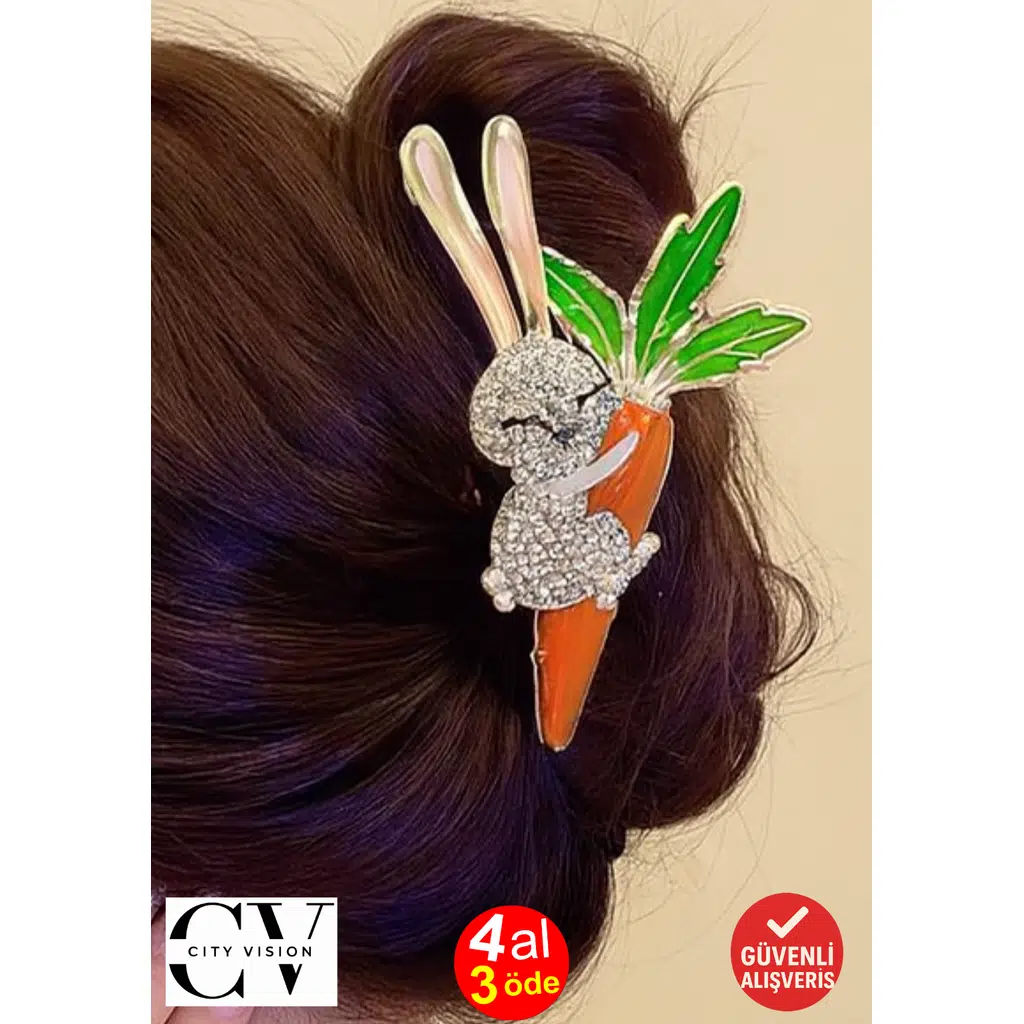 Tavşan ve Havuç Model Taşlı Saç Tokası – Sevimli Metal Mandal Toka 11 cm
