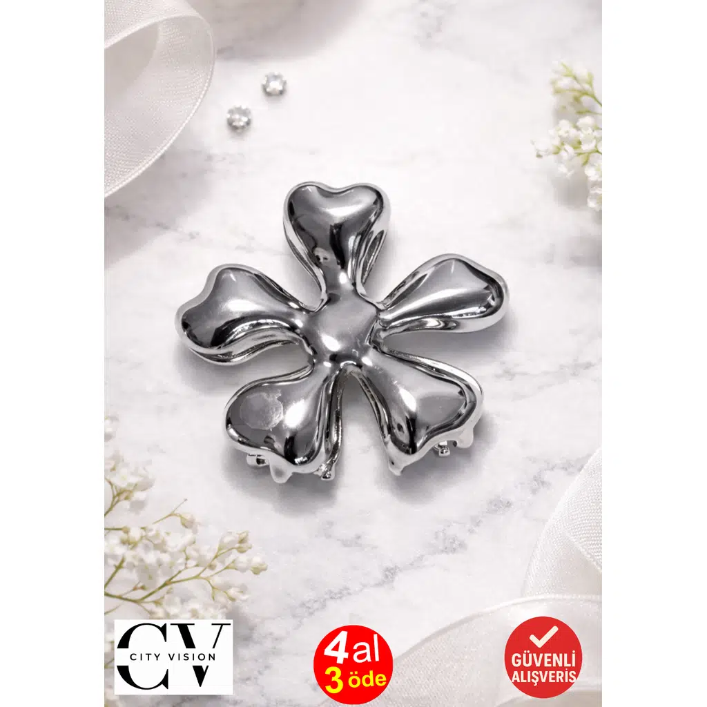 Yonca Kalp Model Gümüş Saç Tokası – Şık Metal Mandal Toka 5 cm